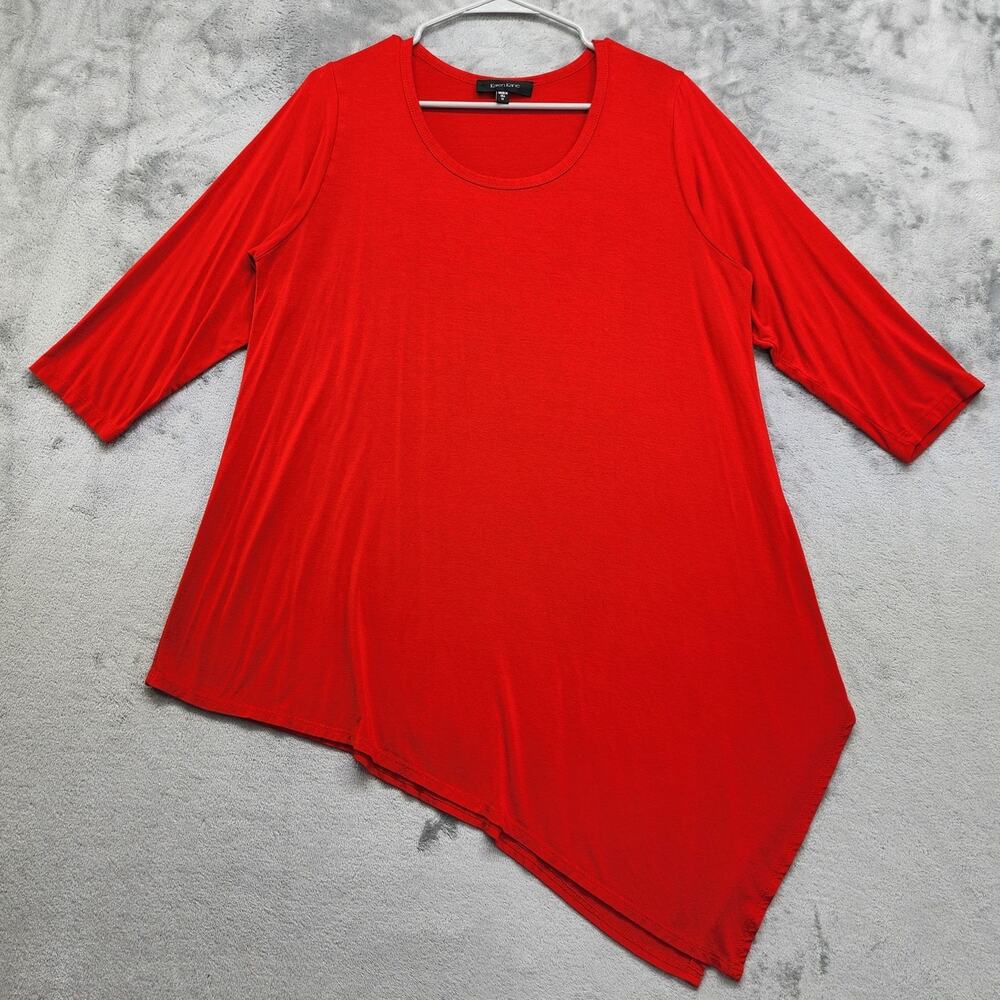 Karen Kane Top Women 1X Red Scoop Neck 3/4 Sleeve Asymmetric Tunic Stretch Rayon
